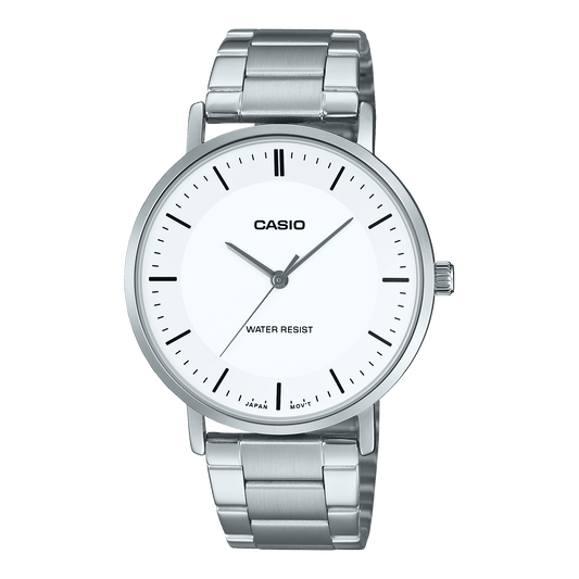 CASIO ENTICER MEN MTP-VT04D-7EDF WHITE ANALOG DIAL SILVER STAINLESS STEEL BAND A2412
