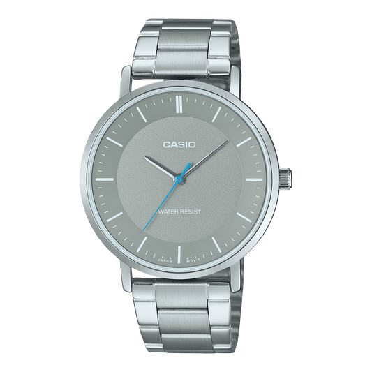 CASIO ENTICER MEN MTP-VT04D-8EDF GREY ANALOG DIAL SILVER STAINLESS STEEL BAND A2413