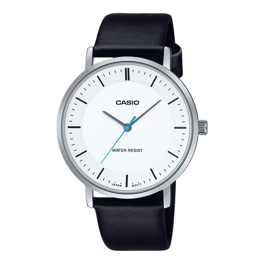 CASIO ENTICER MEN MTP-VT04L-7EDF WHITE ANALOG DIAL BLACK LEATHER BAND A2414