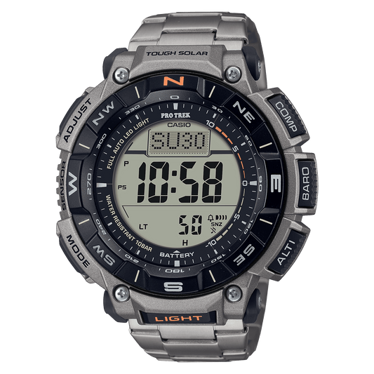 CASIO PROTREK PRG-340T-7DR BLACK DIGITAL DIAL BROWN TITANIUM, STAINLESS STEEL BUCKLE 
ONE-TOUCH 3-FOLD CLASP BAND SL111