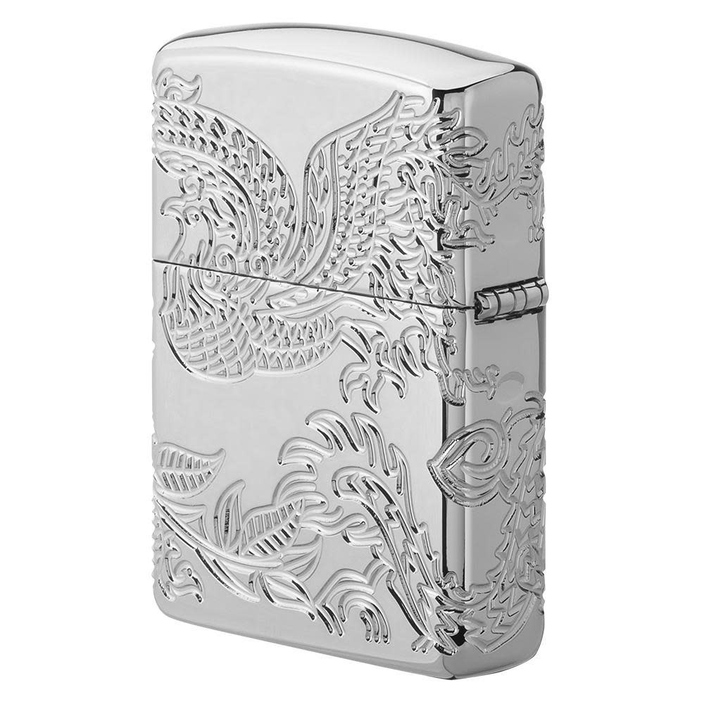 Back view of Armor?« Dragon and Phoenix Design Windproof Lighter standing at a 3/4 angle showing the hinge side