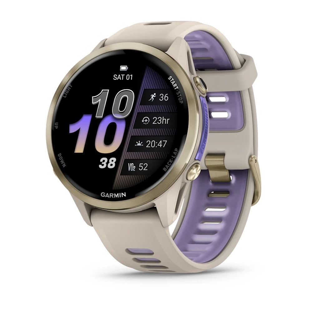Garmin Forerunner® 970 Soft Gold Titanium with French Grey Case and French Grey/Translucent Indigo Band GARMIN