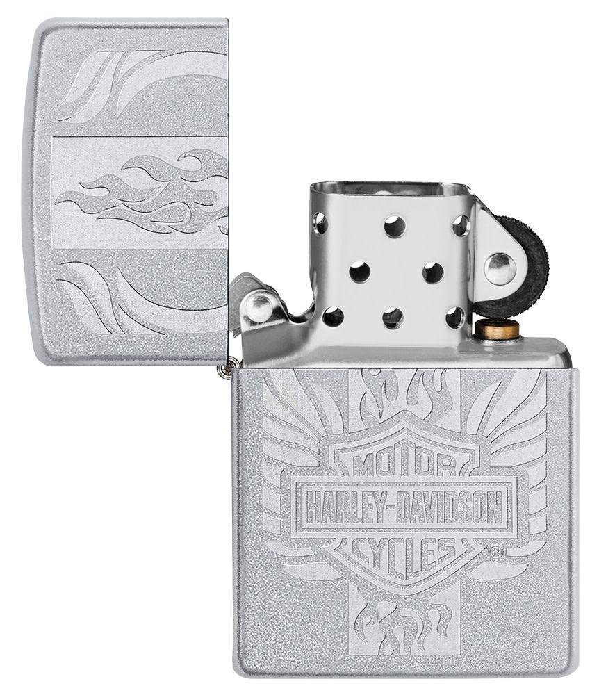 Harley-Davidson?« Luster Etch Satin Chrome Windproof Lighter with its lid open and unlit.