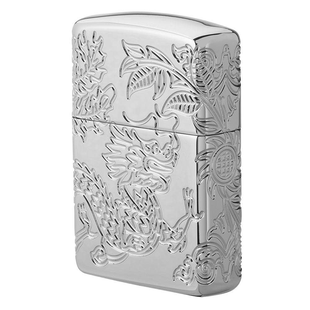 Front view of Armor?« Dragon and Phoenix Design Windproof Lighter standing at a 3/4 angle showing the right side of the lighter