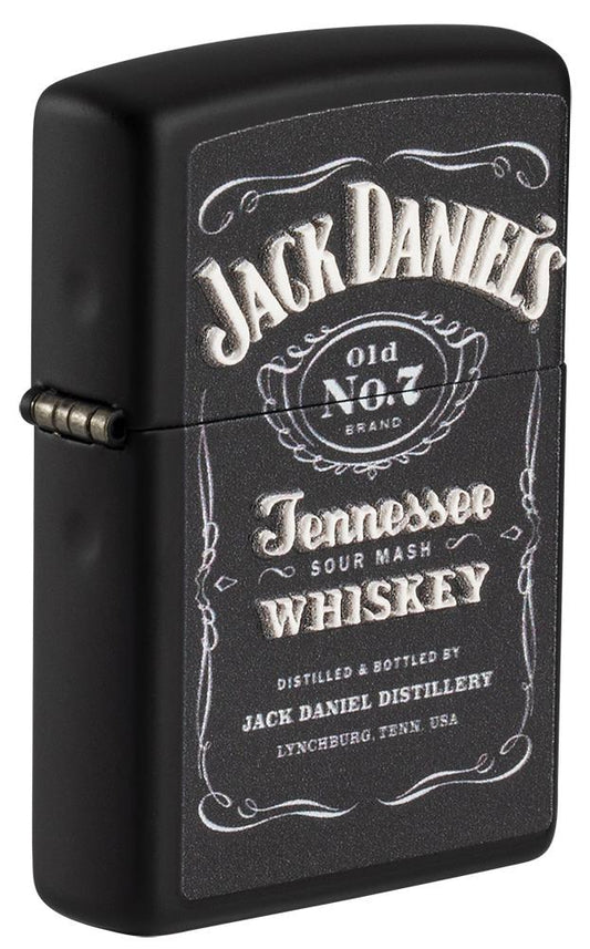 Front shot of Jack Daniel's?« Texture Print Black Matte Windproof Lighter standing at a 3/4 angle