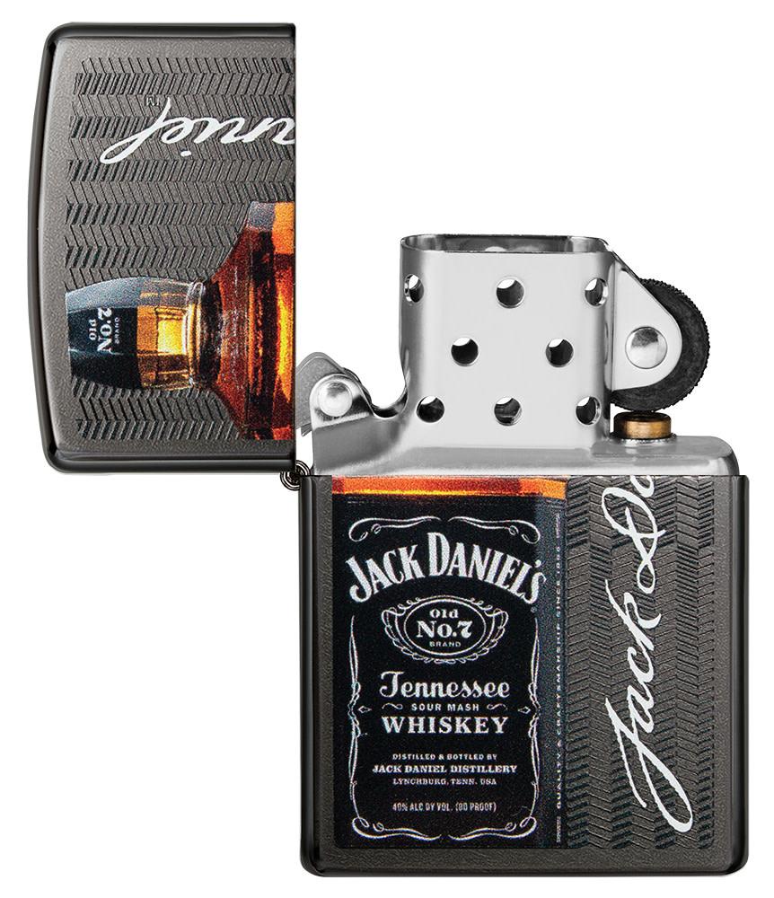 Jack Daniel's?« Logo and Bottle Gray Windproof Lighter with its lid open and unlit