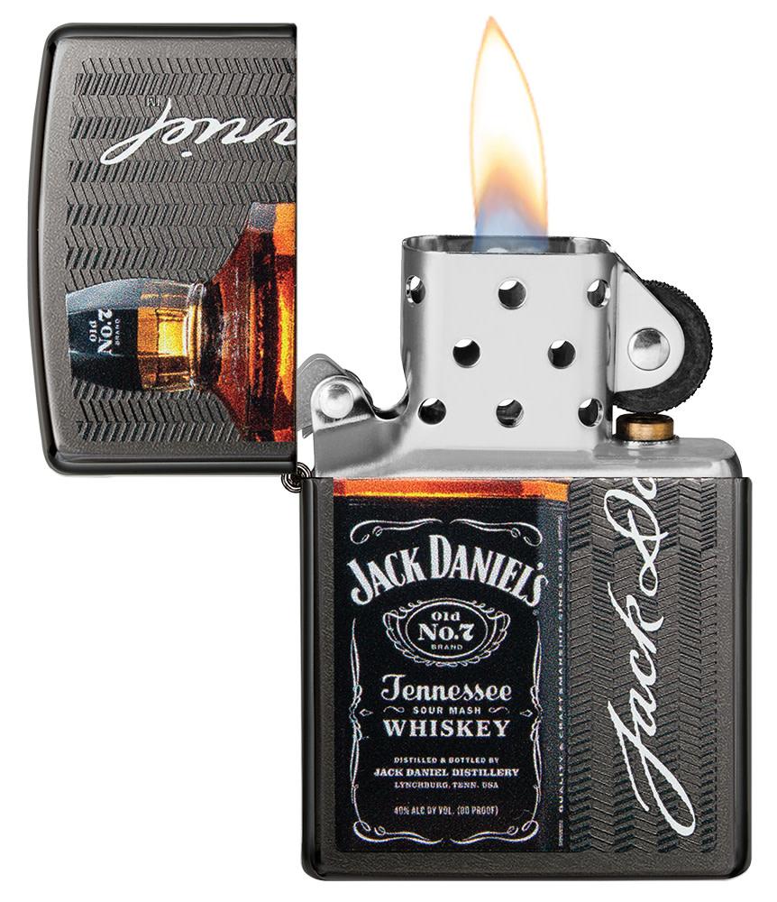 Jack Daniel's?« Logo and Bottle Gray Windproof Lighter with its lid open and lit
