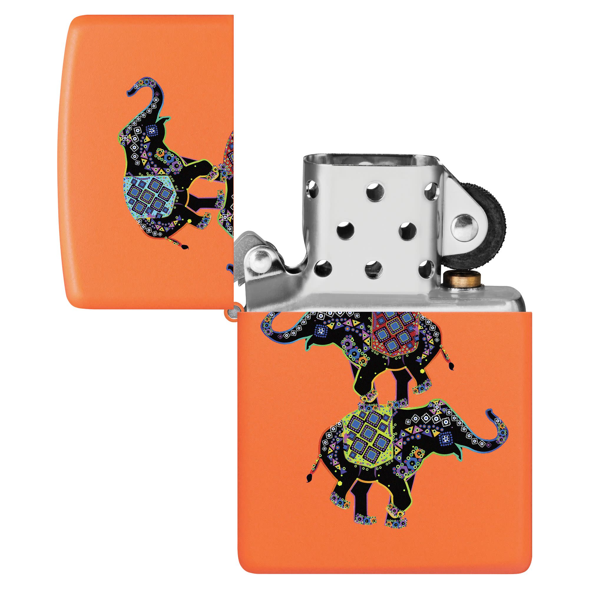 Elephant Design Windproof Lighter with its lid open and unlit.