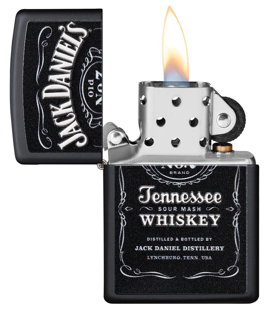 Jack Daniel's?« Texture Print Black Matte Windproof Lighter with its lid open and lit