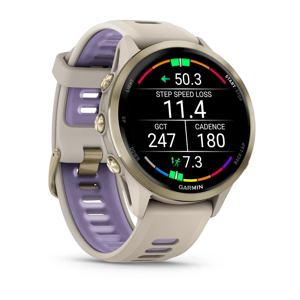 Garmin Forerunner® 970 Soft Gold Titanium with French Grey Case and French Grey/Translucent Indigo Band GARMIN