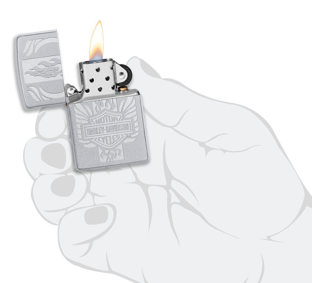 Harley-Davidson?« Luster Etch Satin Chrome Windproof Lighter lit in hand.