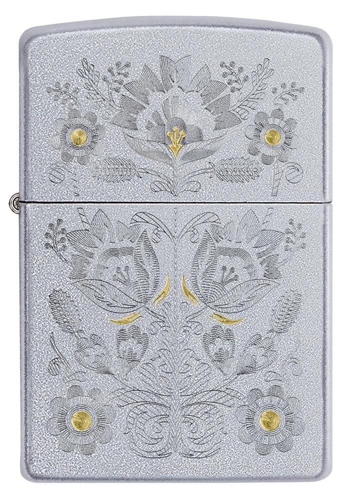 Front of Painted Floral Satin Chrome Windproof Lighter
