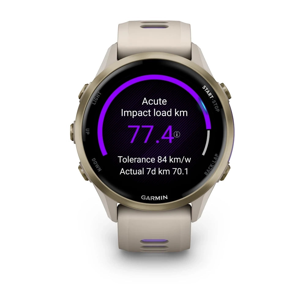 Garmin Forerunner® 970 Soft Gold Titanium with French Grey Case and French Grey/Translucent Indigo Band GARMIN