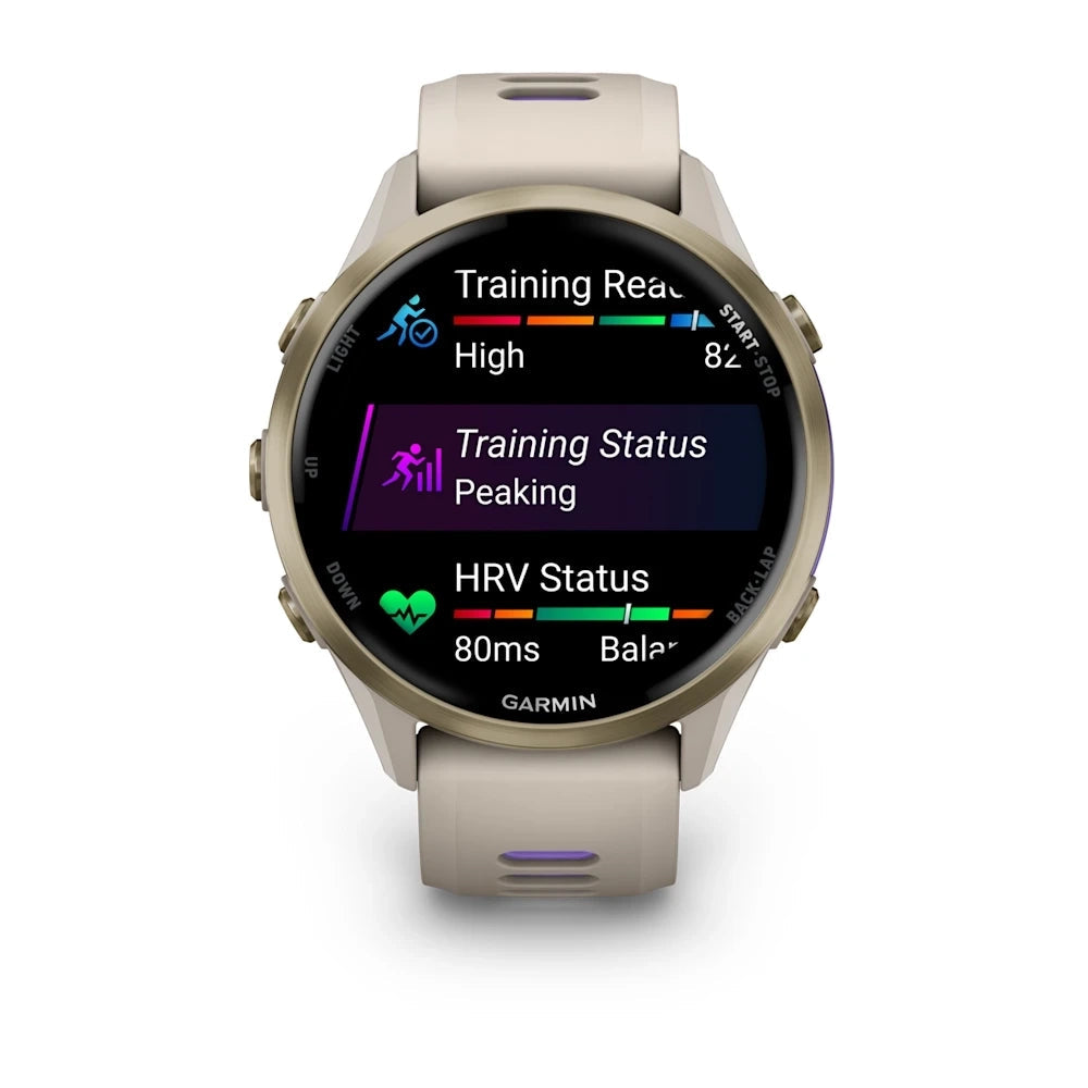 Garmin Forerunner® 970 Soft Gold Titanium with French Grey Case and French Grey/Translucent Indigo Band GARMIN