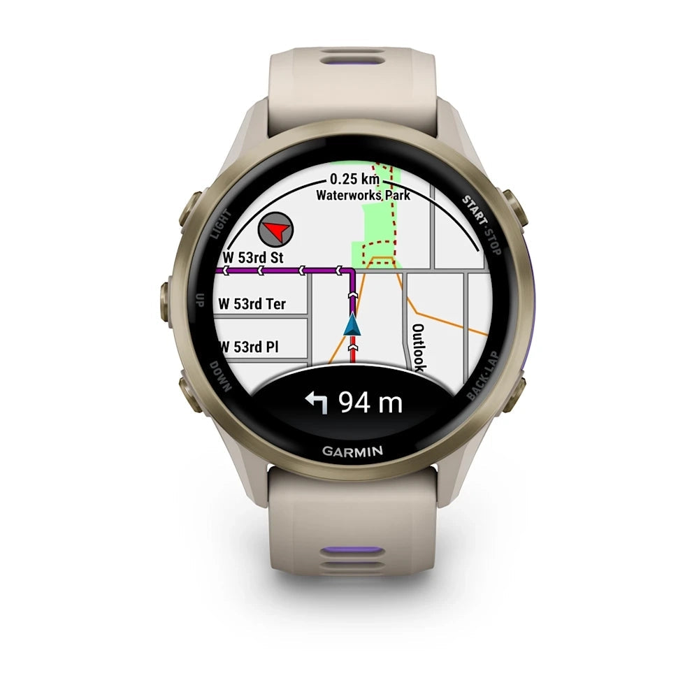 Garmin Forerunner® 970 Soft Gold Titanium with French Grey Case and French Grey/Translucent Indigo Band GARMIN