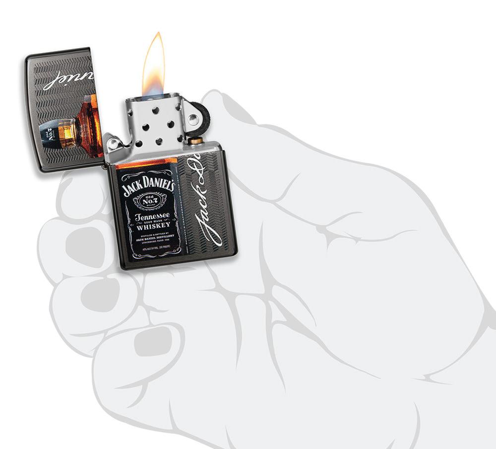 Jack Daniel's?« Logo and Bottle Gray Windproof Lighter lit in hand