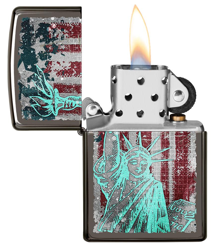 Statue Of Liberty Design Black Ice?« Windproof Lighter with its lid open and lit.