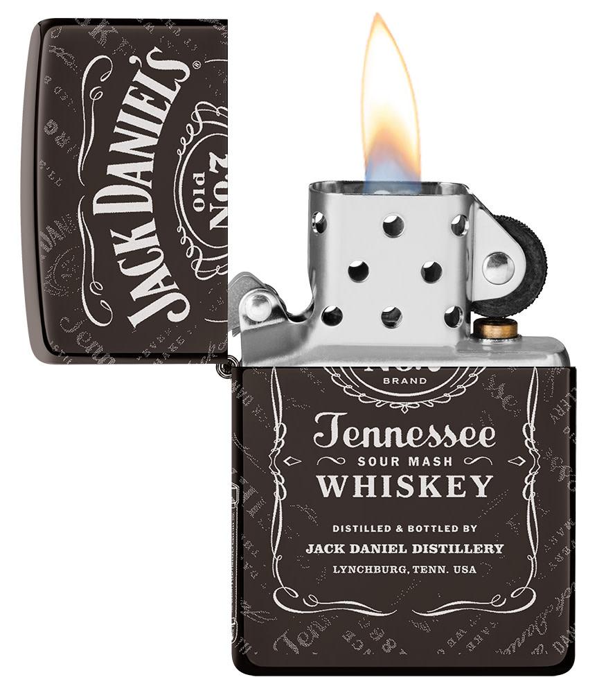 Jack Daniel's?« Photo Image 360?« Black Ice?« Windproof Lighter standing at a 3/4 angle with its lid open and lit.