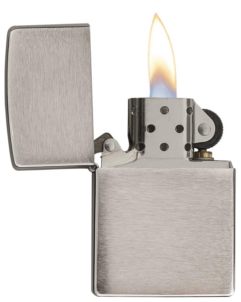 Armor?« Brushed Chrome Windproof Lighter with its lid open and lit