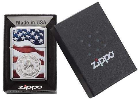 Zippo America Stamp on Flag High Polish Chrome Pocket Lighter Zippo