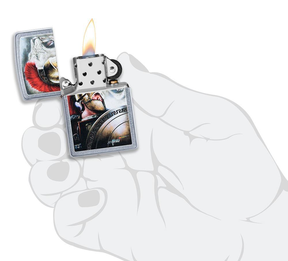 Mazzi Roman Street Chrome windproof lighter lit in hand