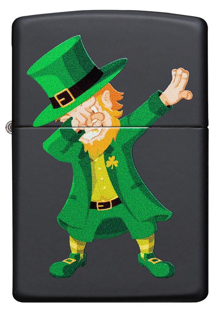 Front of Dabbing Leprechaun Black Matte Windproof Lighter