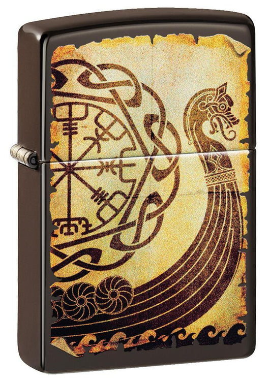 Viking Warship Design Brown Matte Windproof Lighter facing forward at a 3/4 angle