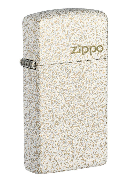 Front shot of Slim Mercury Glass Zippo Logo Windproof Lighter standing at a 3/4 angle 
