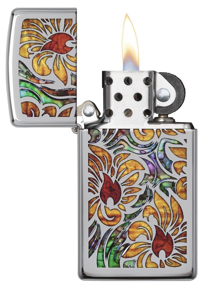 Zippo Slim Fusion Floral High Polish Chrome Pocket Lighter Zippo