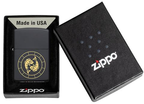Zippo PiscesZodiac Sign Black Matte Pocket Lighter Zippo