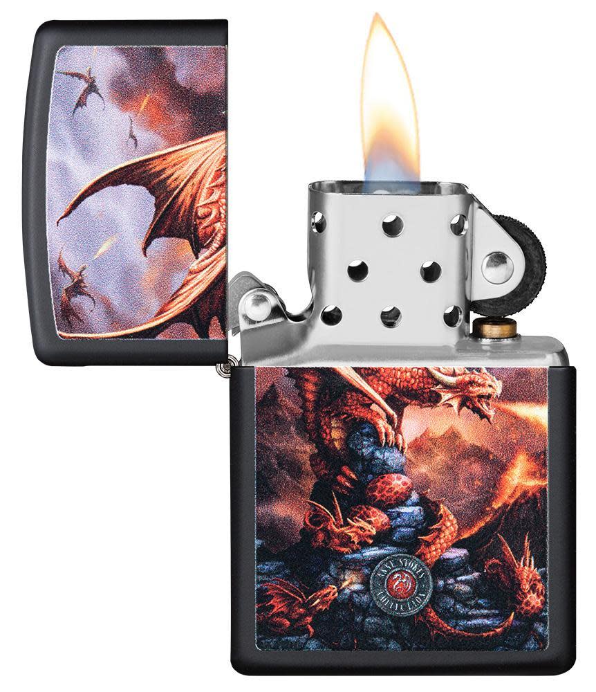 Anne Stokes Dragon design Black Matte windproof lighter with its lid open and lit