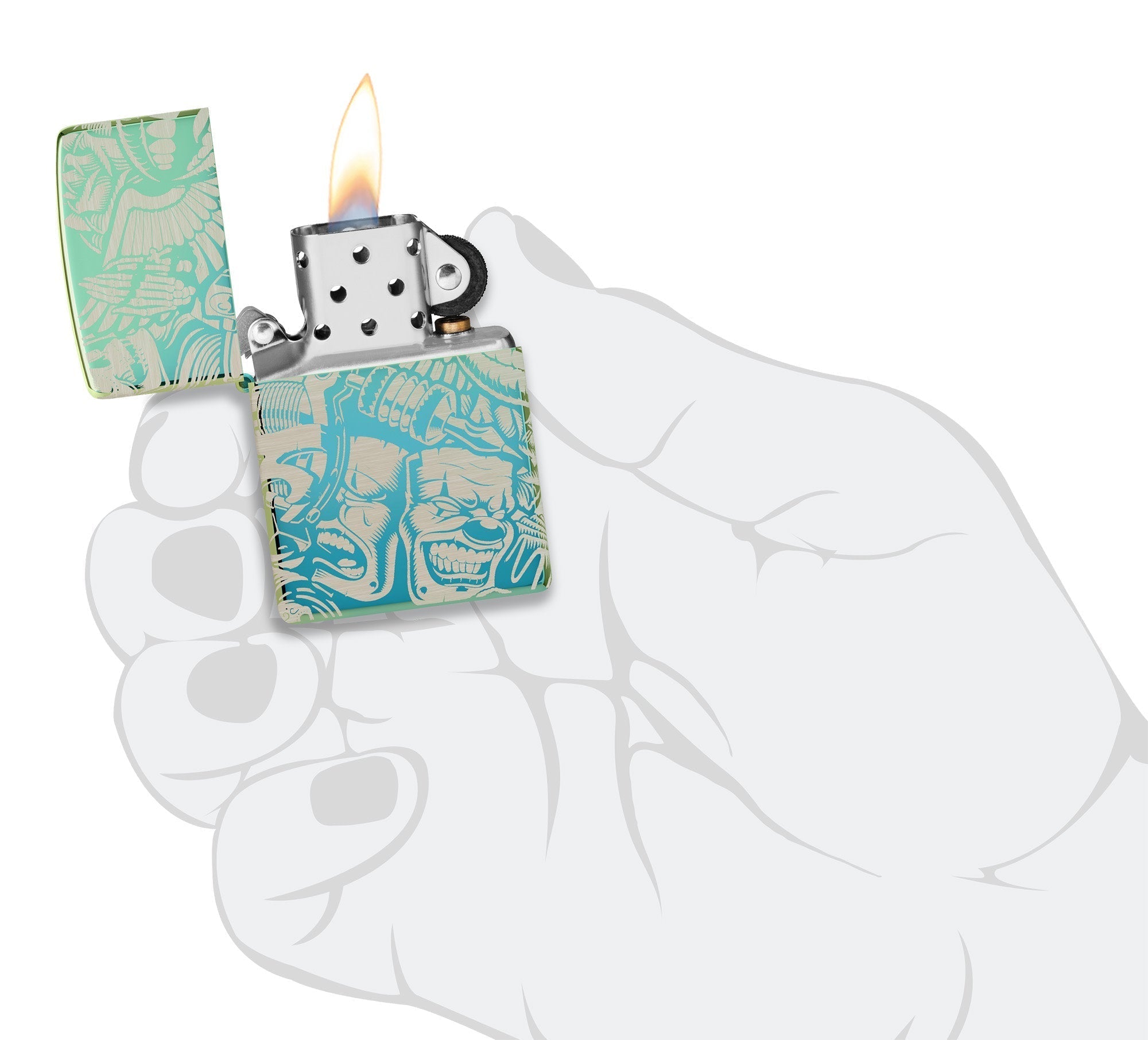 Laser 360?? Tattoo Theme Design High Polish Teal Windproof Lighter lit in hand.
