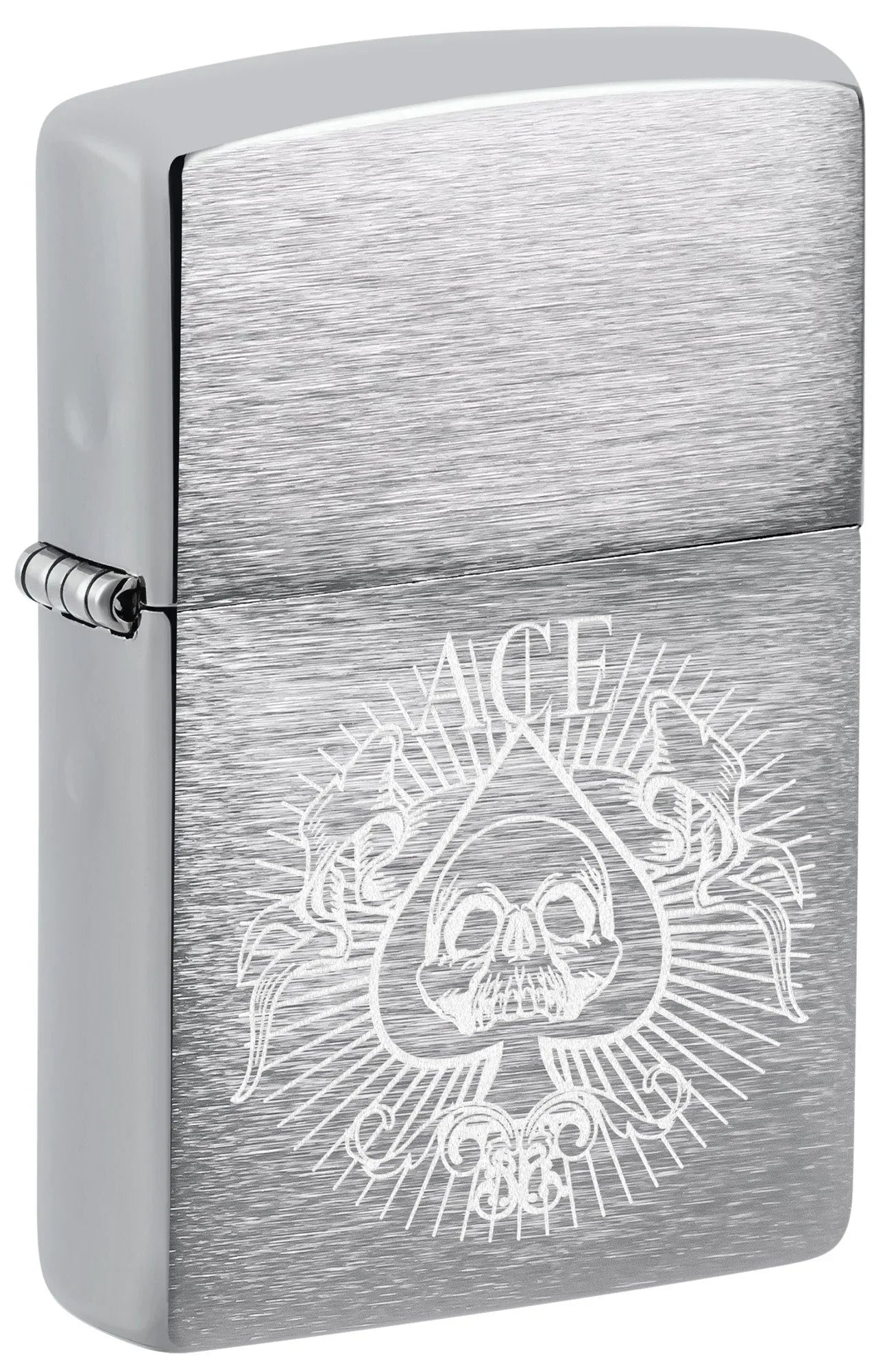 Front shot of Zippo Spade Skull Design Windproof Lighter standing at a 3/4 angle.