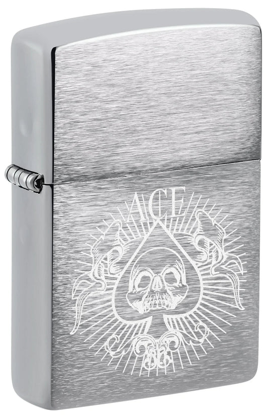 Front shot of Zippo Spade Skull Design Windproof Lighter standing at a 3/4 angle.