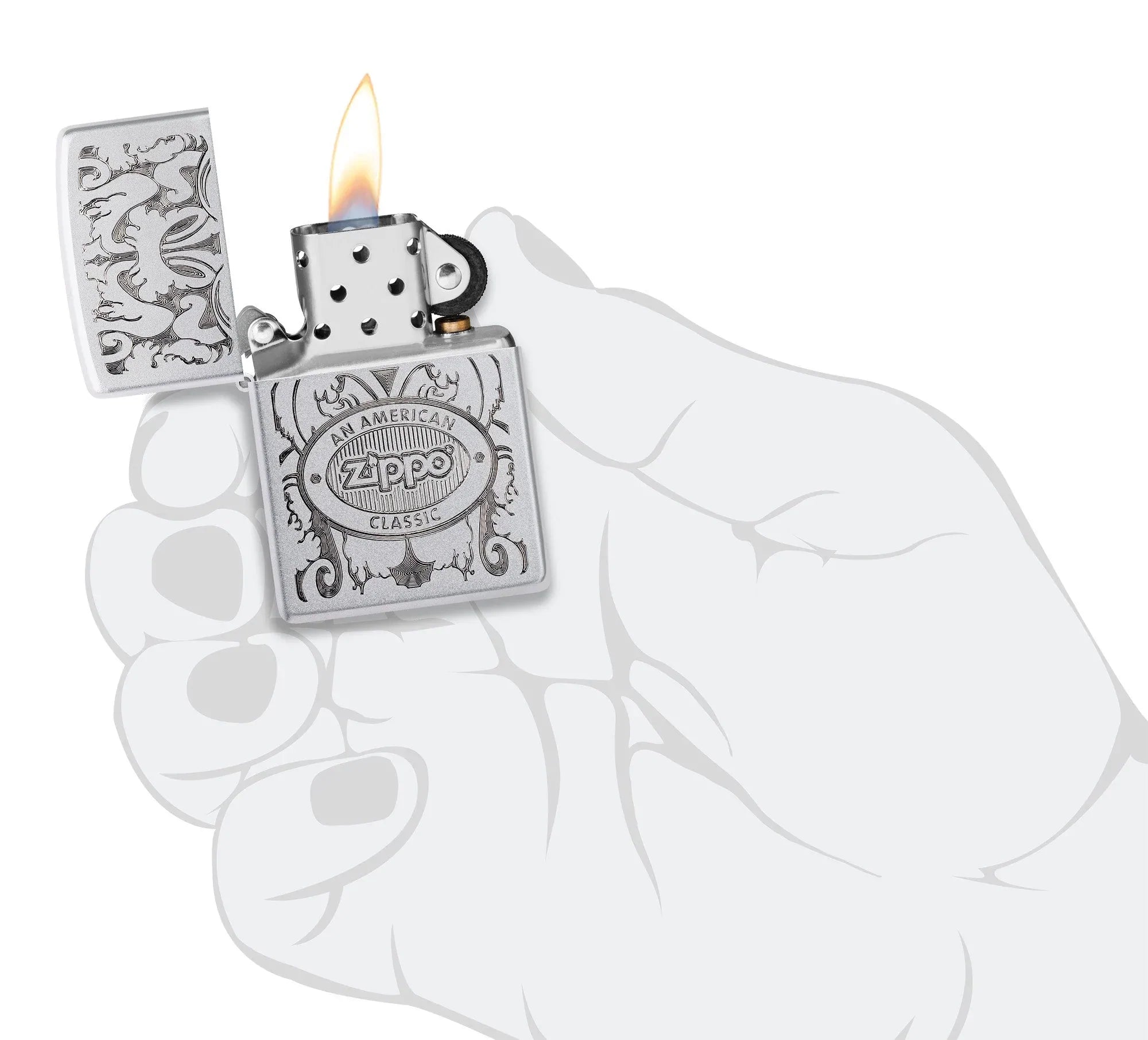 Zippo American Classic Windproof Lighter lit in hand.