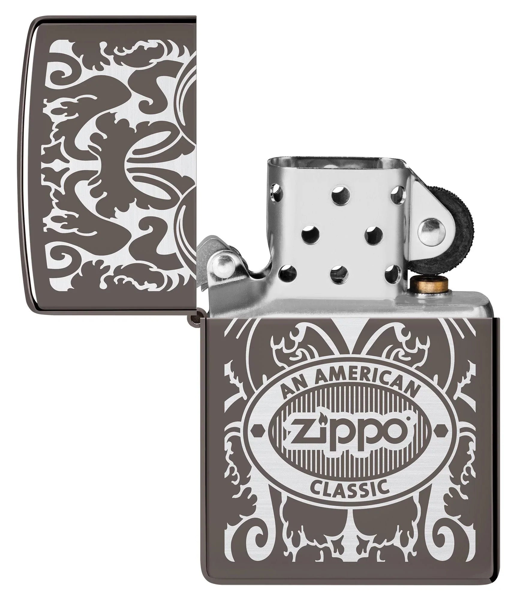 Zippo American Classic Windproof Lighter with its lid open and unlit.
