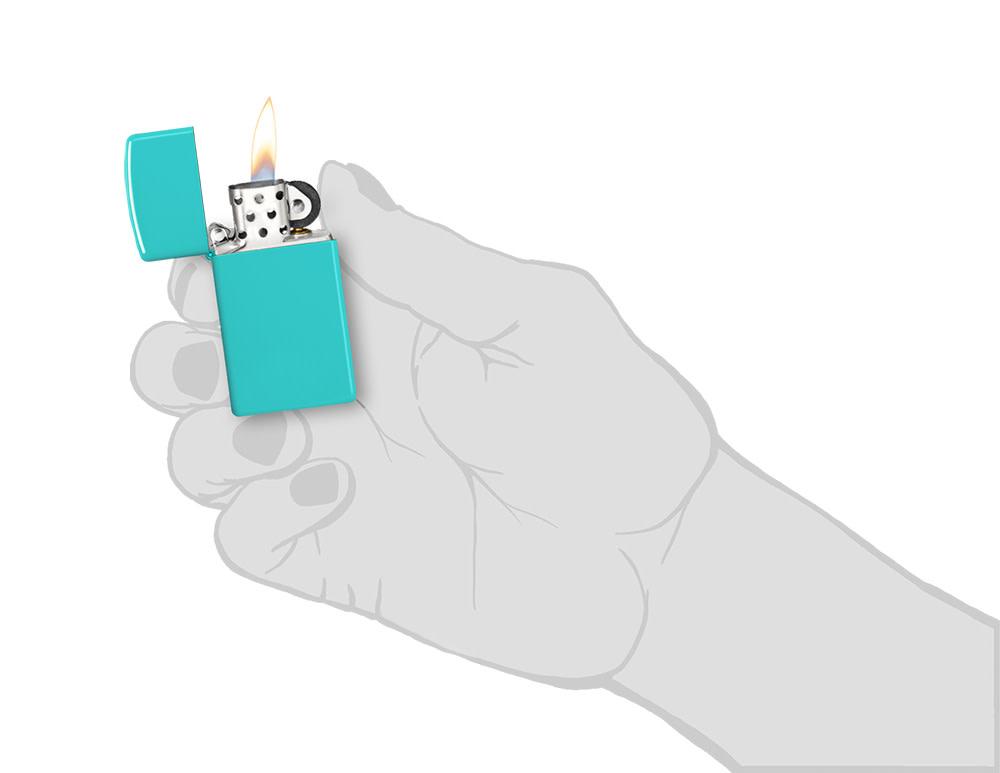 Slim?« Flat Turquoise Windproof Lighter lit in hand.