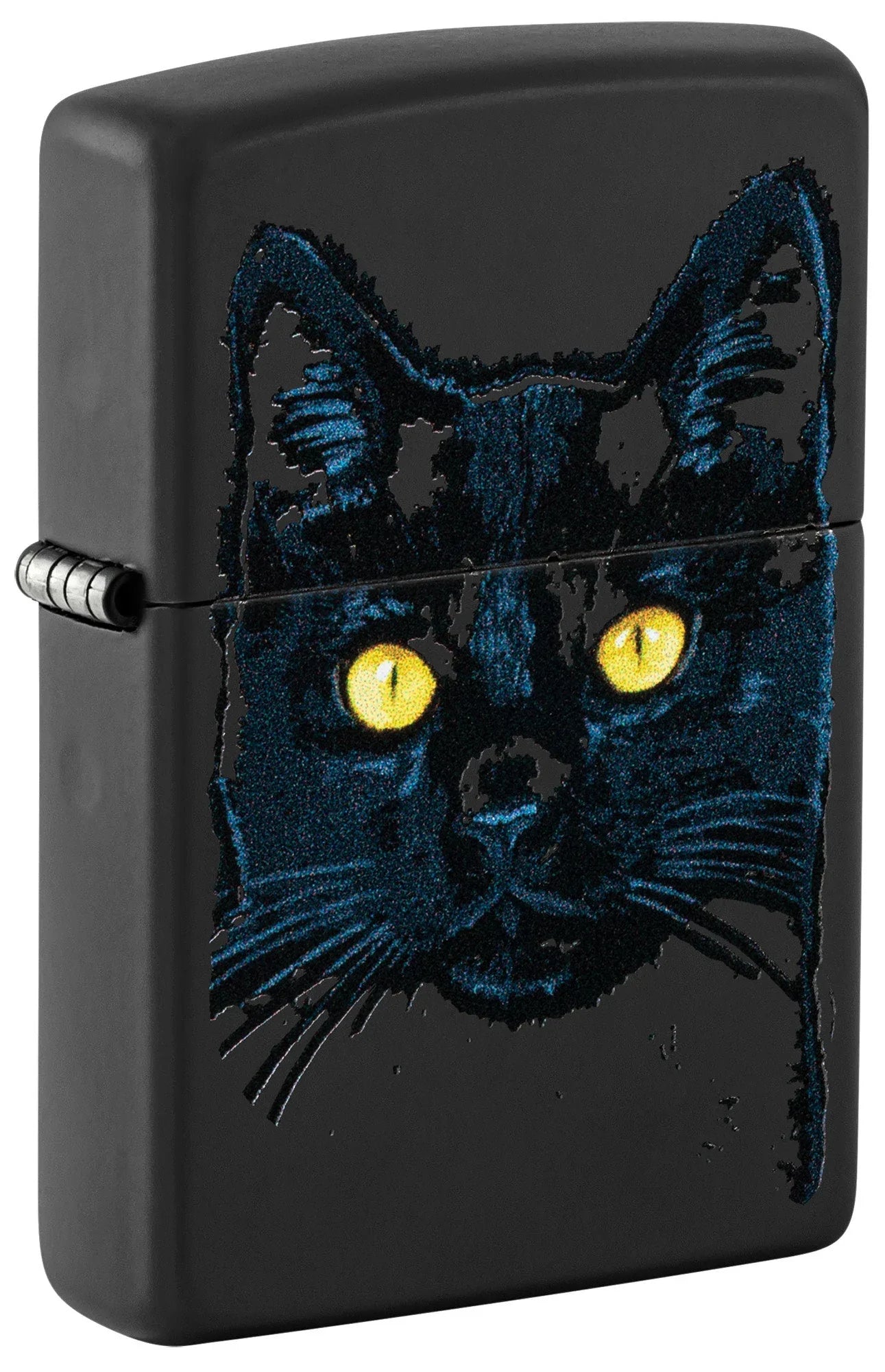 Front shot of Zippo Black Cat Design Windproof Lighter standing at a 3/4 angle.