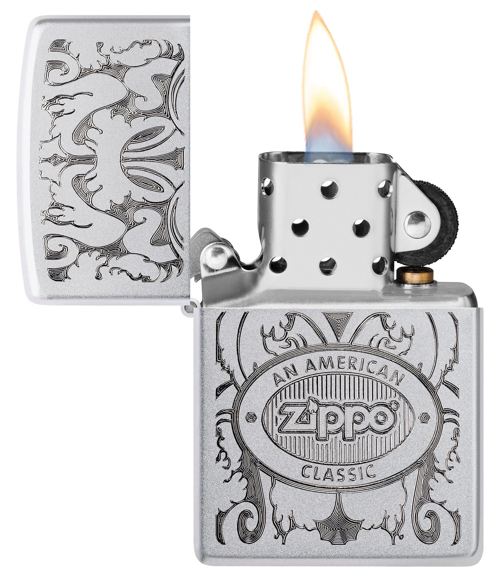 Zippo American Classic Windproof Lighter with its lid open and lit.