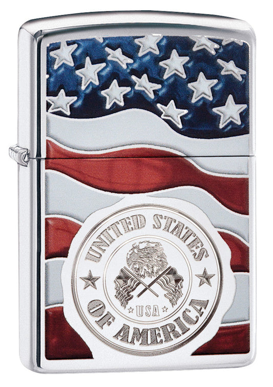 Zippo America Stamp on Flag High Polish Chrome Pocket Lighter Zippo
