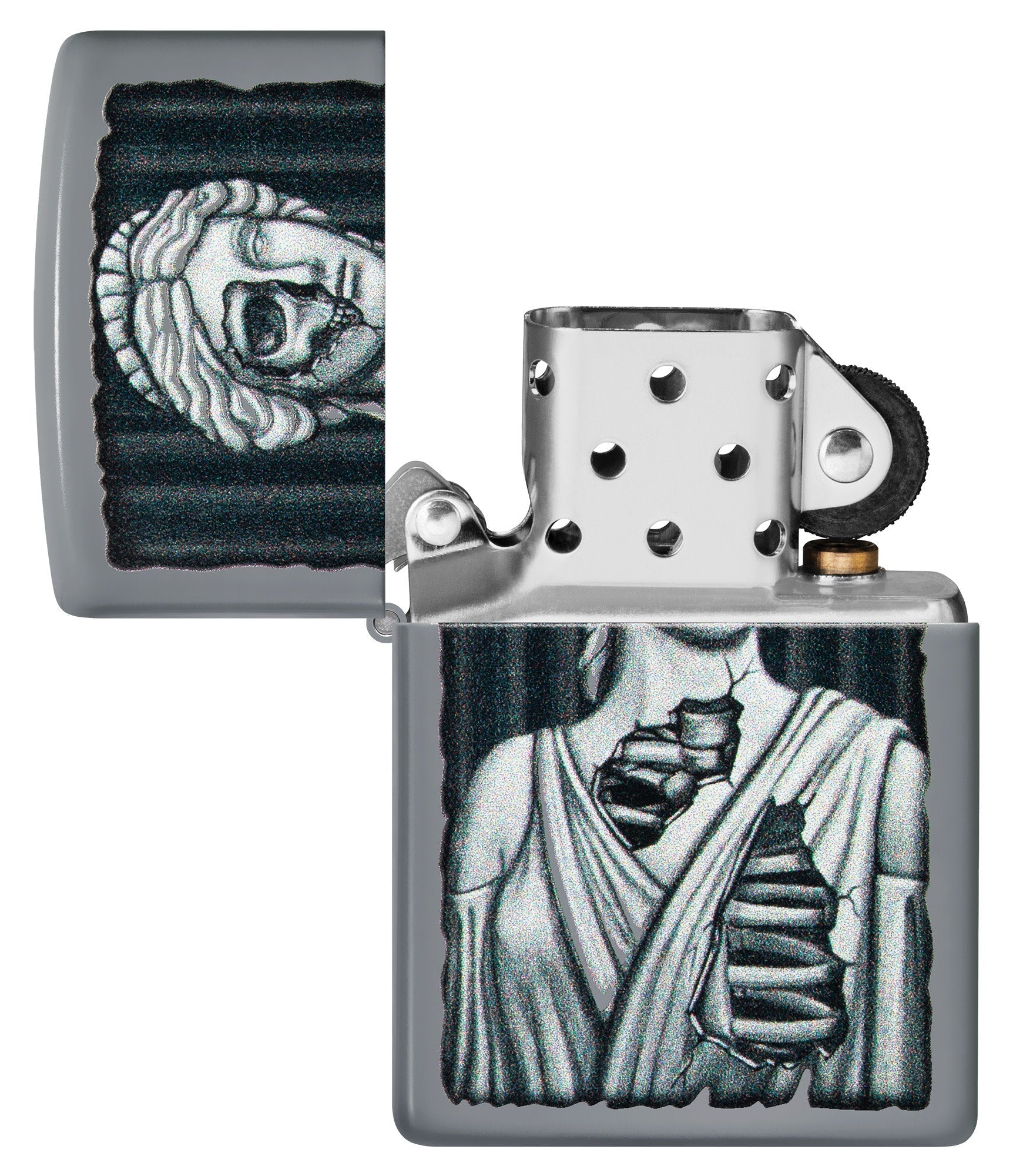 Lady Skull Design Flat Grey Windproof Lighter with its lid open and unlit.