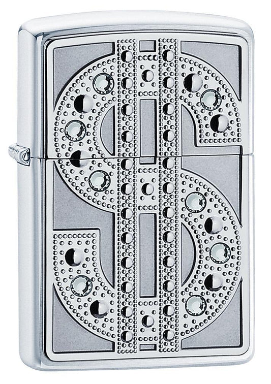 Zippo Swarovski Bling Brushed Chrome Emblem Pocket Lighter Zippo