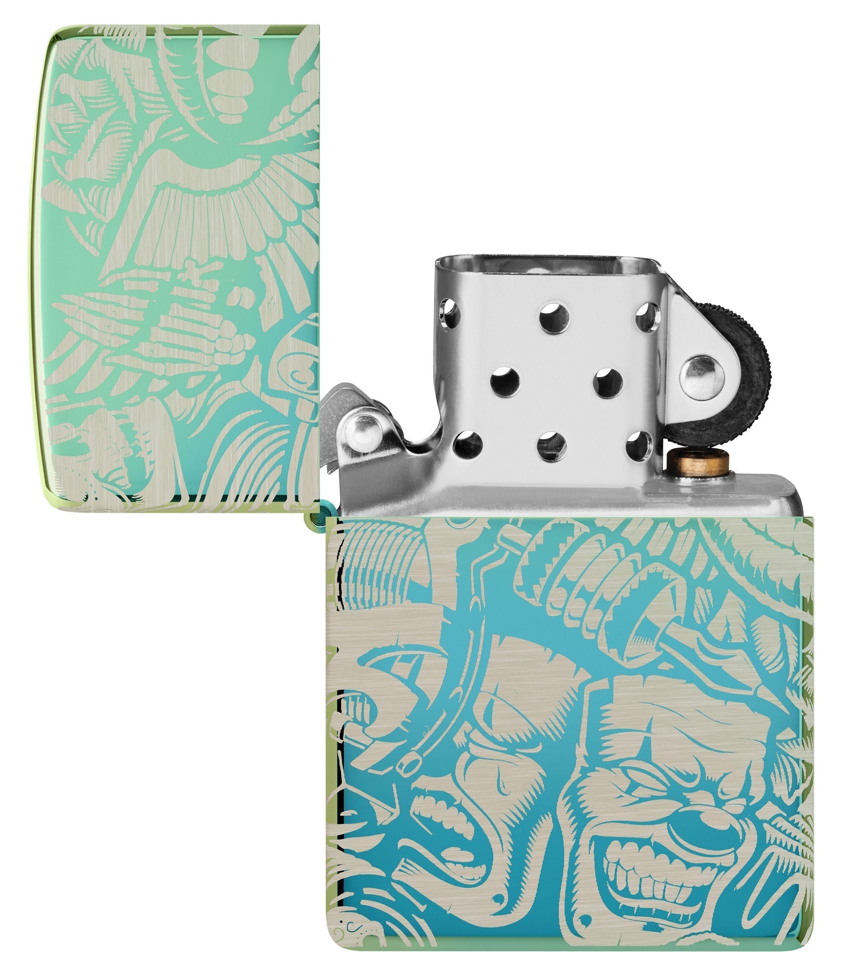 Laser 360?? Tattoo Theme Design High Polish Teal Windproof Lighter with its lid open and unlit.