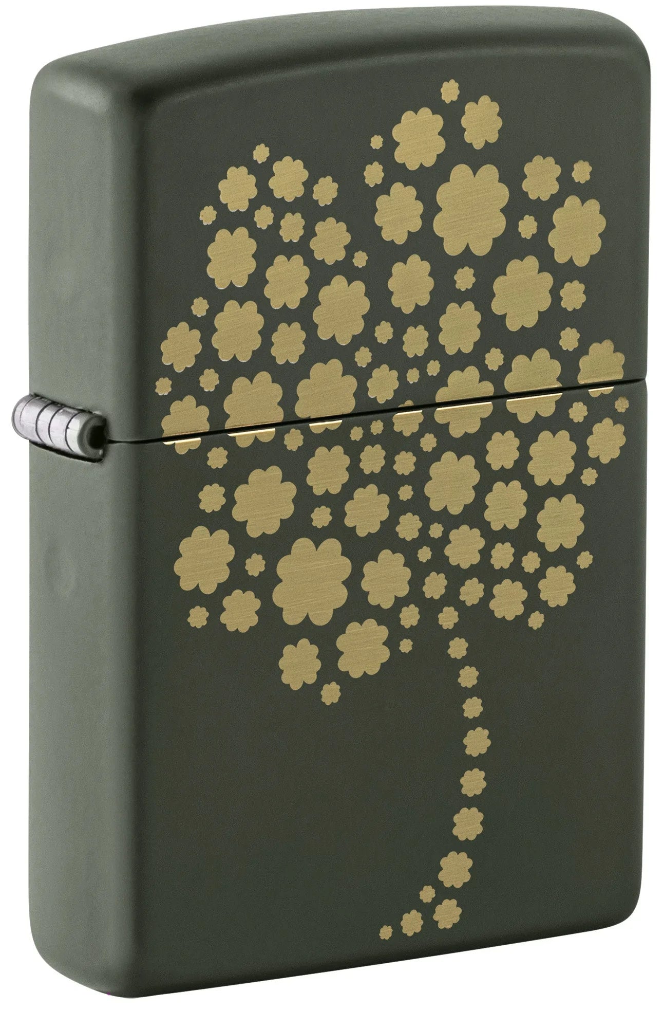 Front shot of Zippo Four Leaf Clover Design Windproof Lighter standing at a 3/4 angle.
