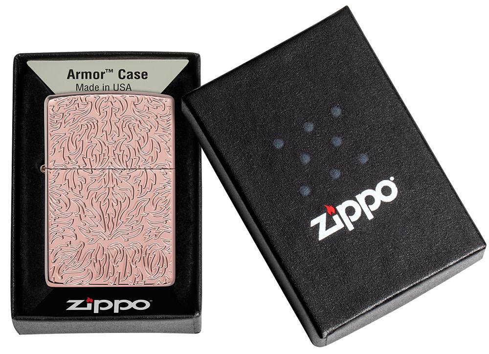 Zippo Carved Armor?« Rose Gold Design Windproof Lighter in its packaging.