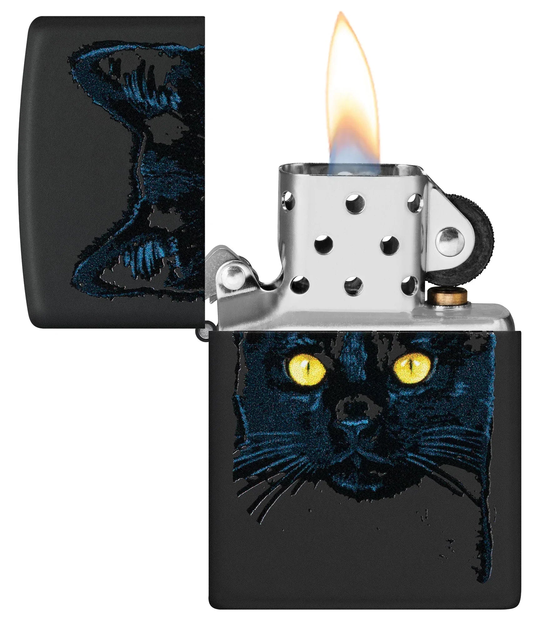 Zippo Black Cat Design Windproof Lighter with its lid open and lit.