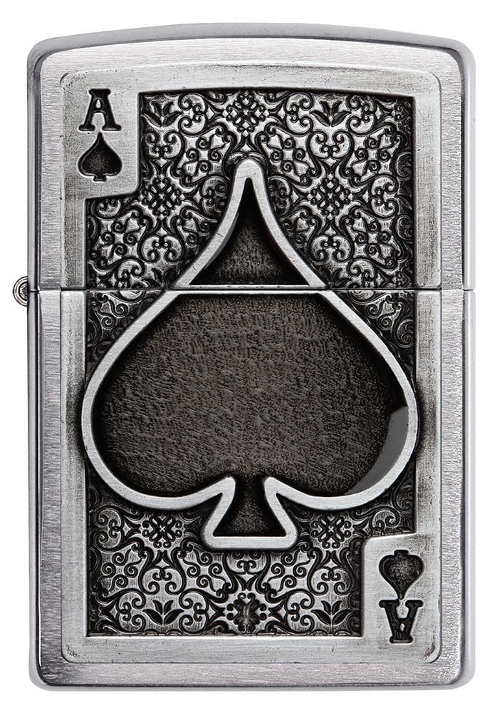 Front view of Ace Of Spades Emblem Brushed Chrome Windproof Lighter.