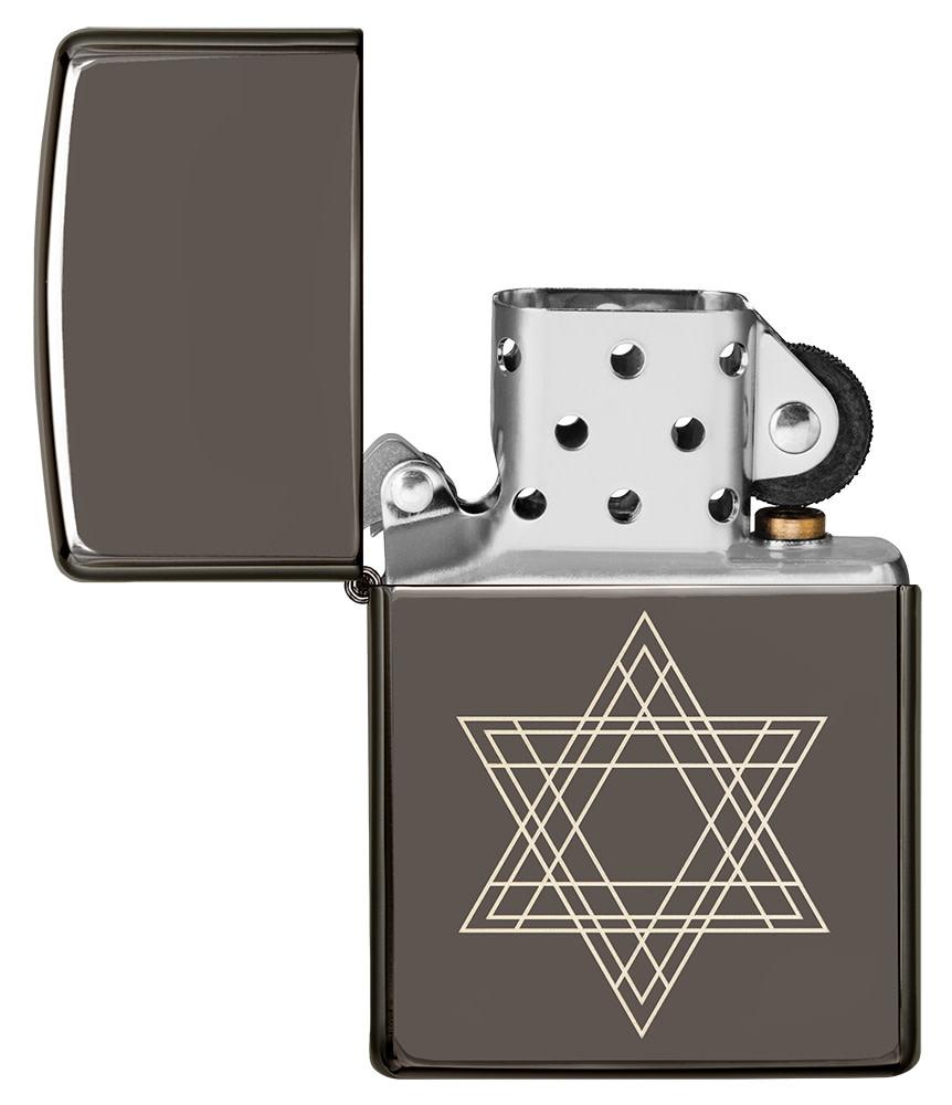 Star of David Design Black Ice?« Windproof Lighter with its lid open and unlit.
