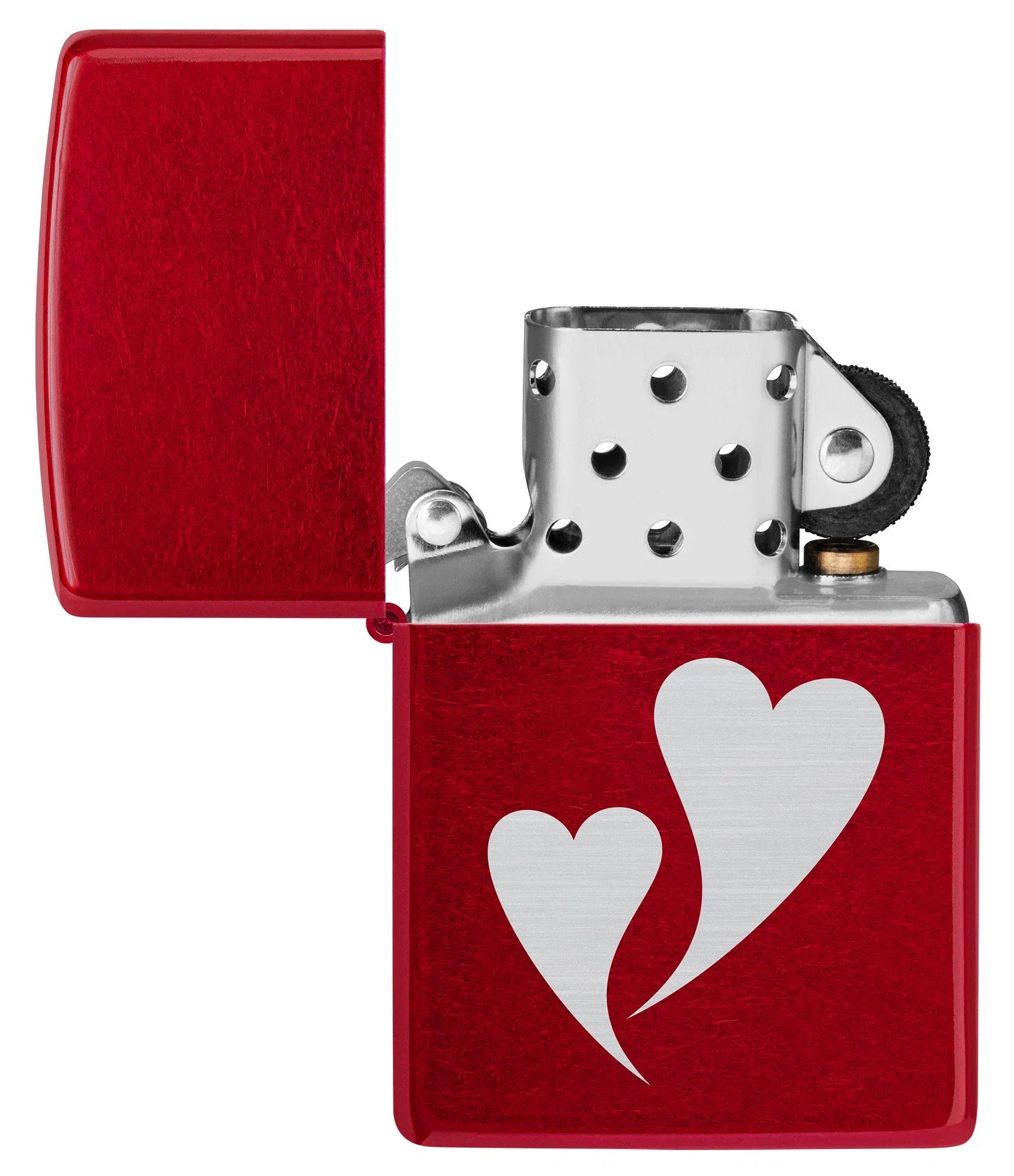Zippo Double Hearts Windproof Lighter with its lid open and unlit.