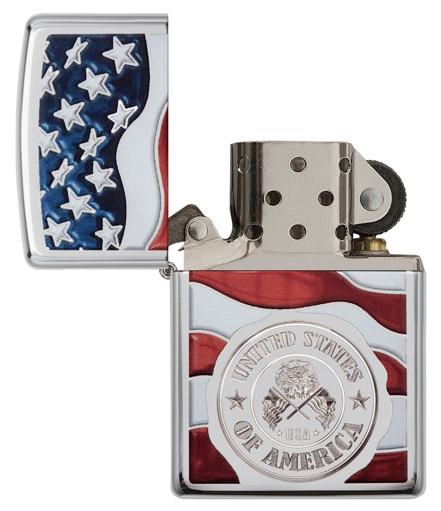 Zippo America Stamp on Flag High Polish Chrome Pocket Lighter Zippo